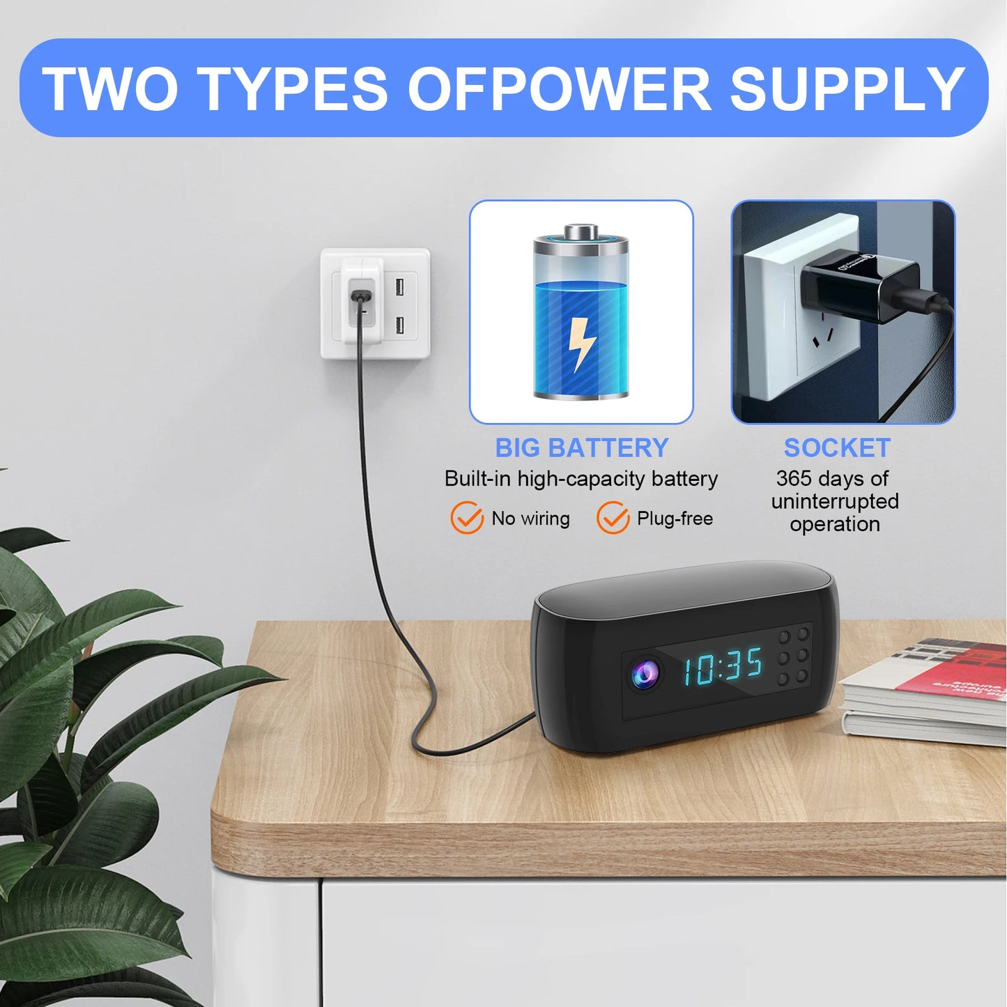 Mini WiFi Clock Camera 1080P – Motion Detection, Alarm Timer & Real-Time Loop Recording for Home/Office Security 
