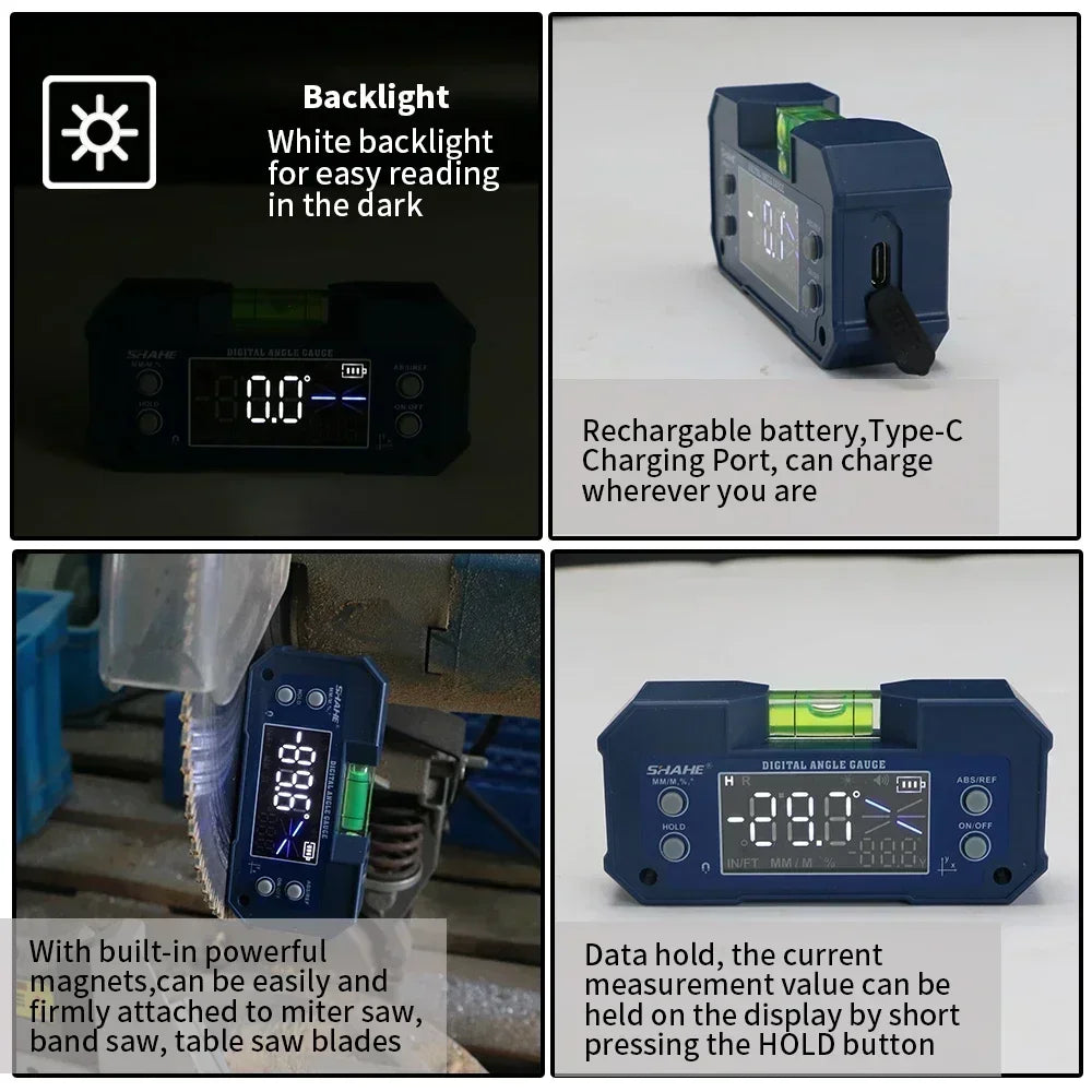 Digital Angle Finder with Level Bubble - Dual Axis - Rechargeable Digital Angle Gauge Magnetic Digital Level Box Protractor