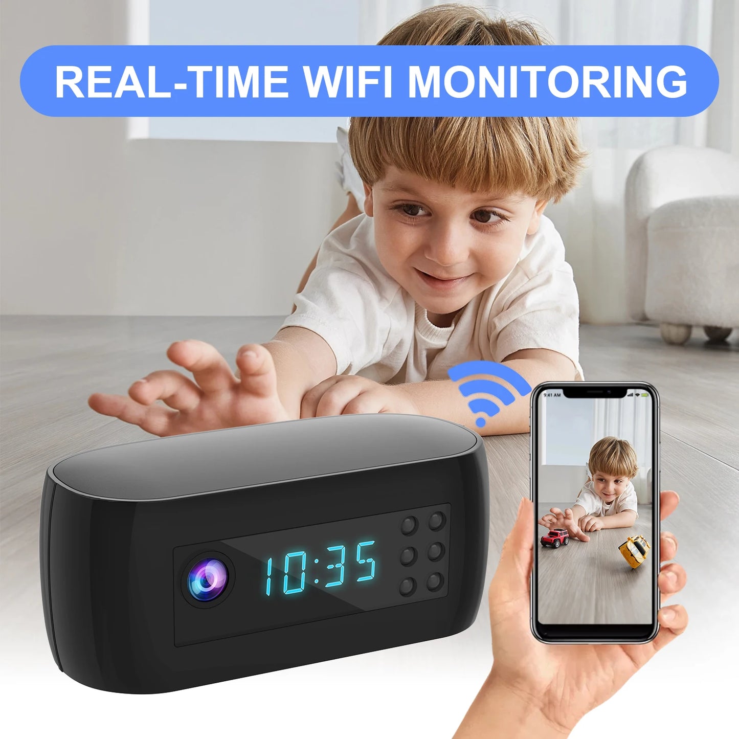 Mini WiFi Clock Camera 1080P – Motion Detection, Alarm Timer & Real-Time Loop Recording for Home/Office Security 
