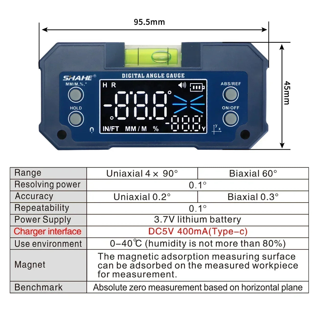 Digital Angle Finder with Level Bubble - Dual Axis - Rechargeable Digital Angle Gauge Magnetic Digital Level Box Protractor