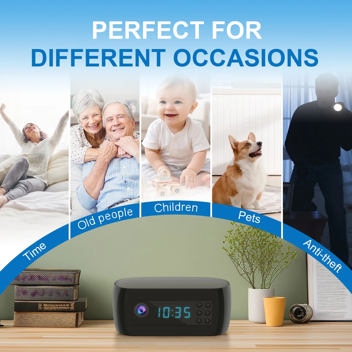Mini WiFi Clock Camera 1080P – Motion Detection, Alarm Timer & Real-Time Loop Recording for Home/Office Security 
