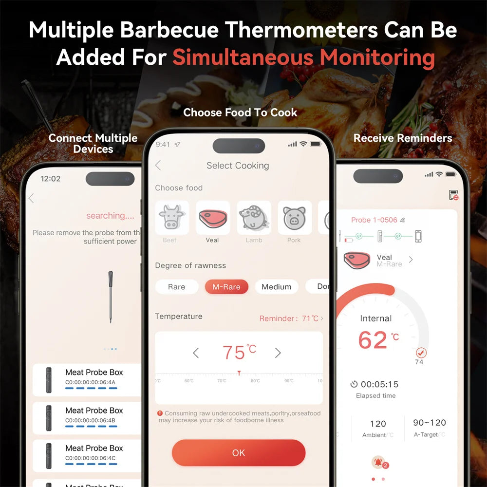 Wireless Smart Meat Thermometer with Bluetooth Long Range Measures Internal & Ambient Temp for BBQ Oven Grill Kitchen Rotisser