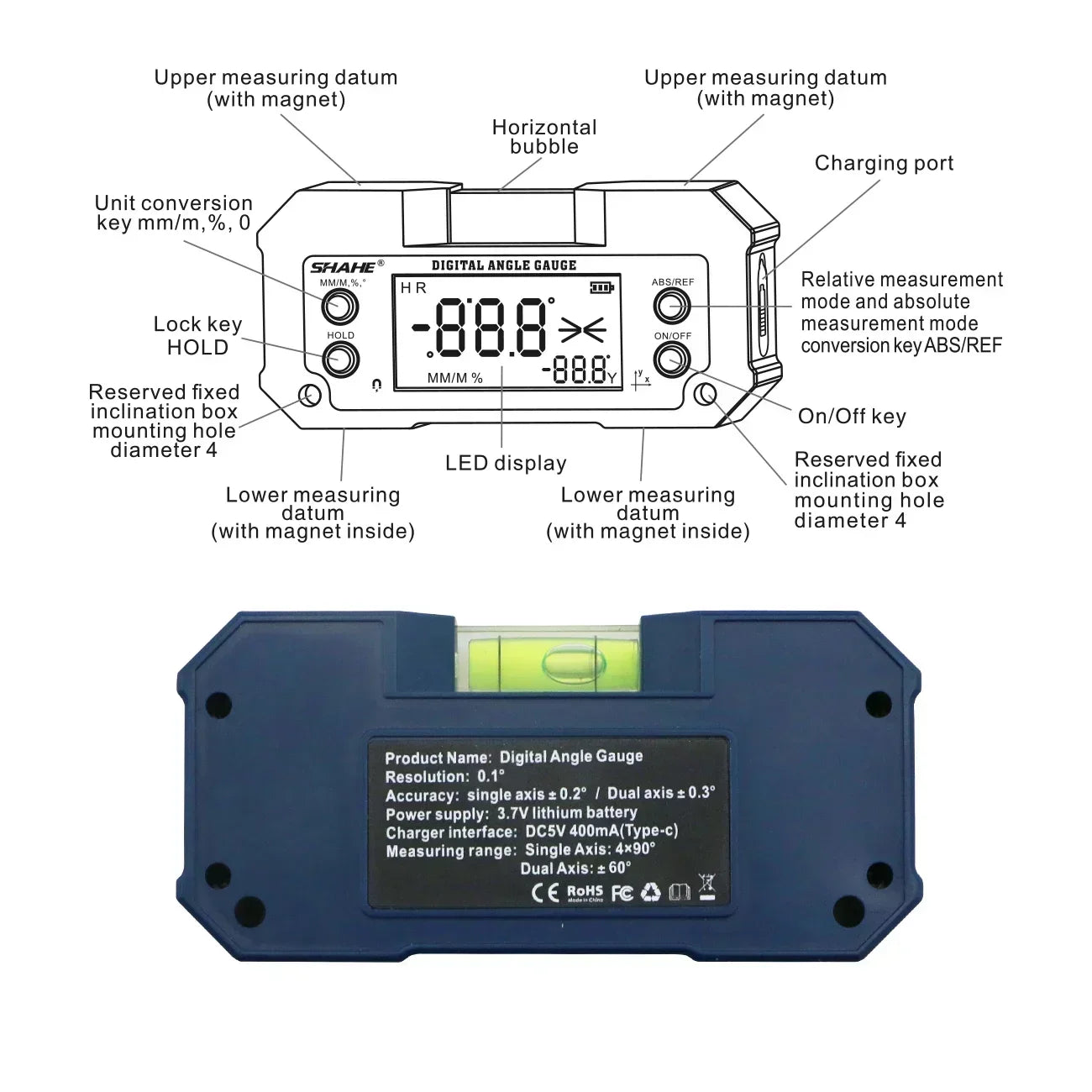 Digital Angle Finder with Level Bubble - Dual Axis - Rechargeable Digital Angle Gauge Magnetic Digital Level Box Protractor