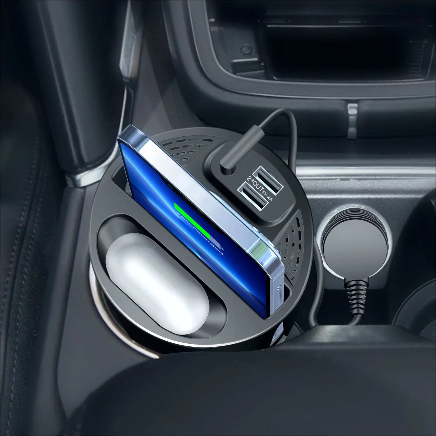 15W 4-in-1 Wireless Car Charging Cup – Qi-Enabled Charger for iPhone Series &amp; AirPods
