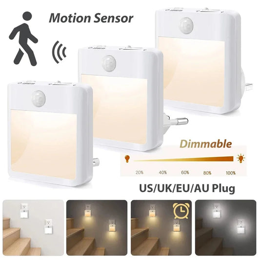 Motion Sensor Night Lights - with US EU UK AU Plug Dimmable LED Warm White Ambient Light 2 in 1 Bedroom Living Room Toilet Stairs