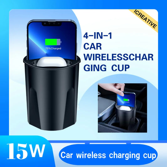 15W 4-in-1 Wireless Car Charging Cup – Qi-Enabled Charger for iPhone Series &amp; AirPods