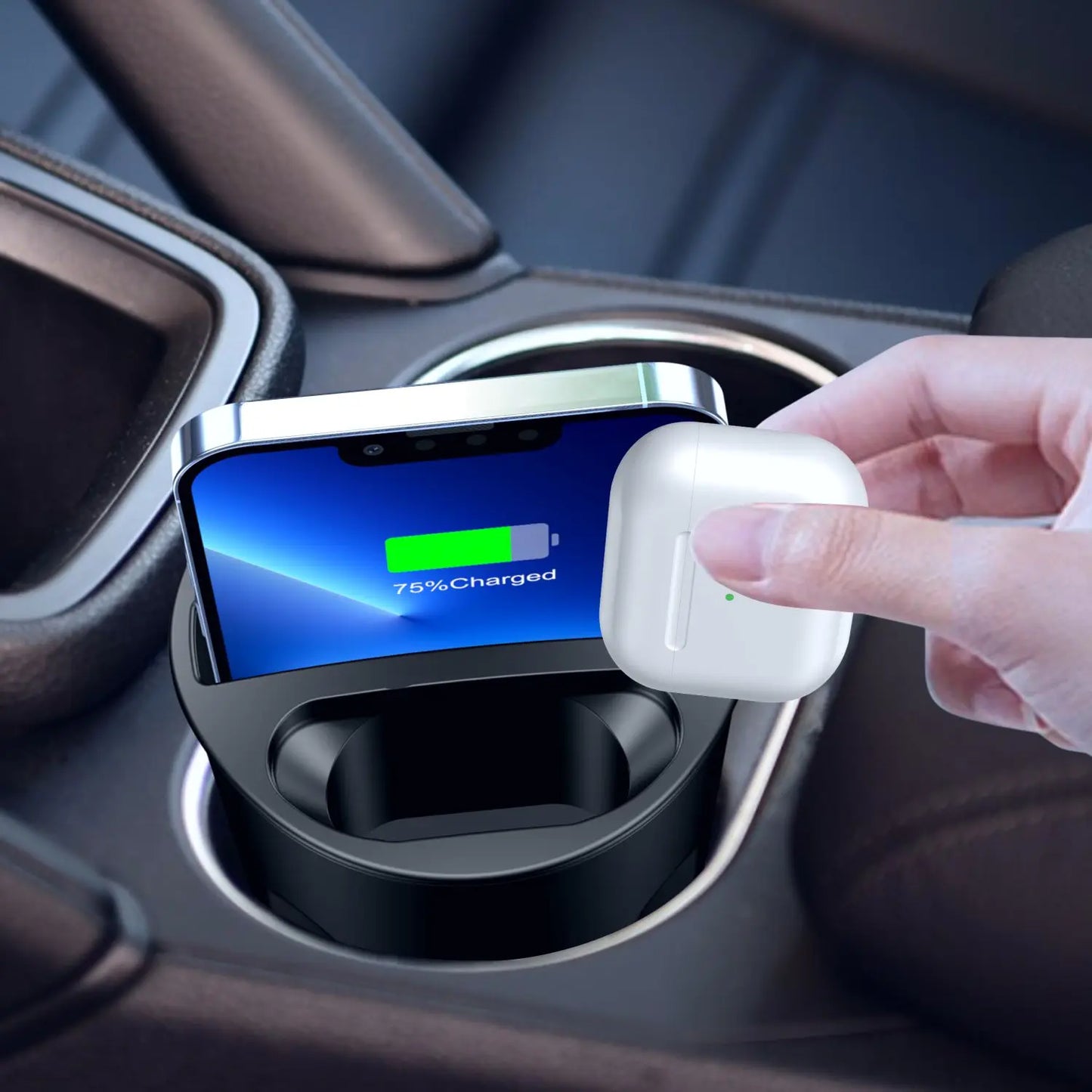 15W 4-in-1 Wireless Car Charging Cup – Qi-Enabled Charger for iPhone Series &amp; AirPods
