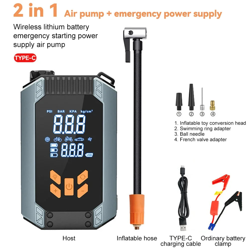 2 In 1 Portable Car Jump Starter & Air Pump 150PSI Air Compressor Power Bank Booster Car Starter Device Auto Tyre Inflator