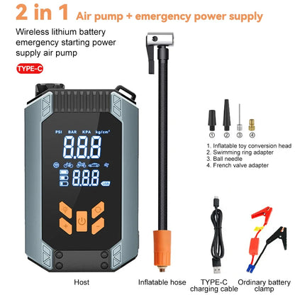 2 In 1 Portable Car Jump Starter & Air Pump 150PSI Air Compressor Power Bank Booster Car Starter Device Auto Tyre Inflator