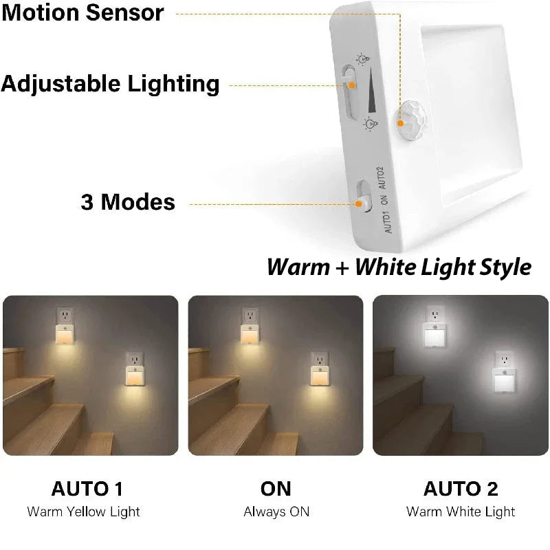 Motion Sensor Night Lights - with US EU UK AU Plug Dimmable LED Warm White Ambient Light 2 in 1 Bedroom Living Room Toilet Stairs
