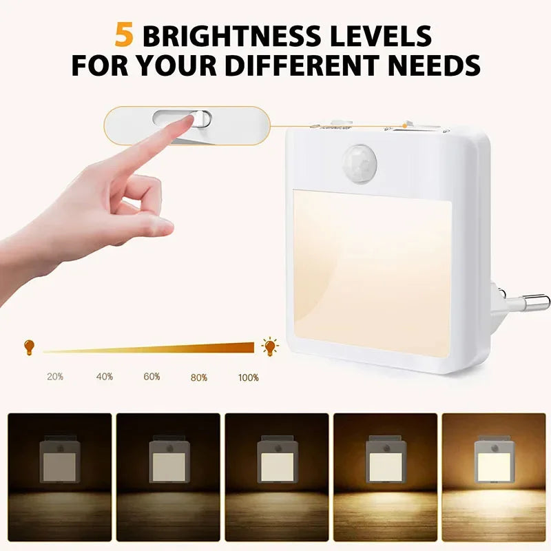 Motion Sensor Night Lights - with US EU UK AU Plug Dimmable LED Warm White Ambient Light 2 in 1 Bedroom Living Room Toilet Stairs