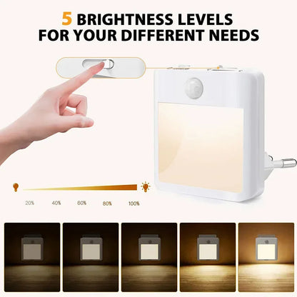 Motion Sensor Night Lights - with US EU UK AU Plug Dimmable LED Warm White Ambient Light 2 in 1 Bedroom Living Room Toilet Stairs