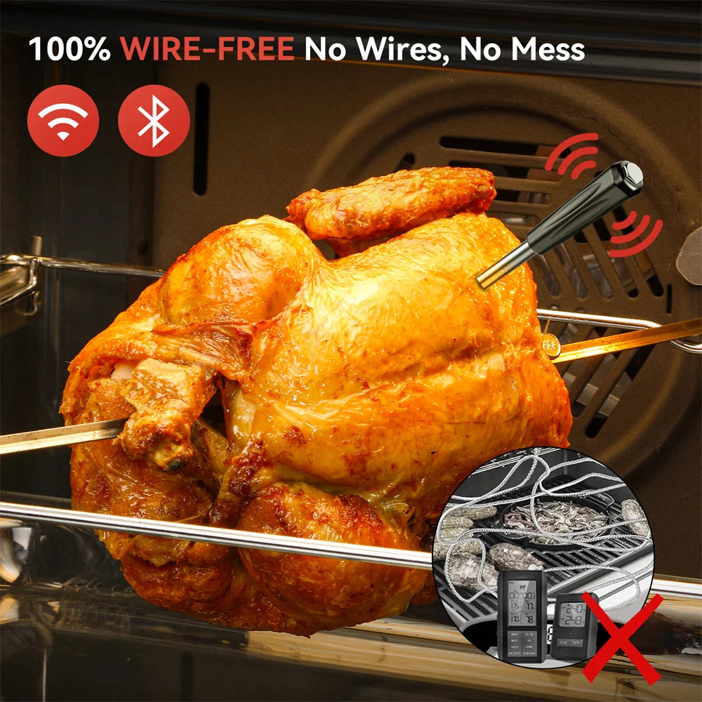 Wireless Smart Meat Thermometer with Bluetooth Long Range Measures Internal & Ambient Temp for BBQ Oven Grill Kitchen Rotisser