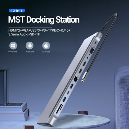 USB C Docking Station,12 In 1 Triple Display MST Hub With Expansion Port USB3.0*1/USB2.0*3/HDMI*2/VGA*1/100 Mbit/s NIC *1/USB