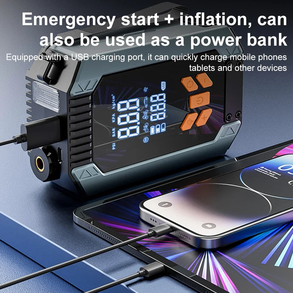 2 In 1 Portable Car Jump Starter & Air Pump 150PSI Air Compressor Power Bank Booster Car Starter Device Auto Tyre Inflator