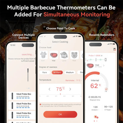 Wireless Smart Meat Thermometer with Bluetooth Long Range Measures Internal & Ambient Temp for BBQ Oven Grill Kitchen Rotisser