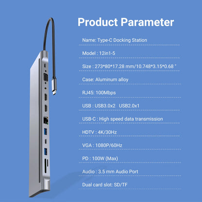 USB C Docking Station,12 In 1 Triple Display MST Hub With Expansion Port USB3.0*1/USB2.0*3/HDMI*2/VGA*1/100 Mbit/s NIC *1/USB